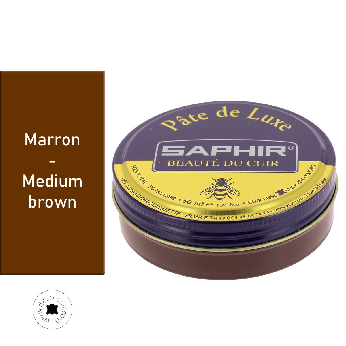 Cirage pâte de luxe Saphir pour cuir marron moyen, 50 ml, entretien du cuir, image montrant le produit en pot.