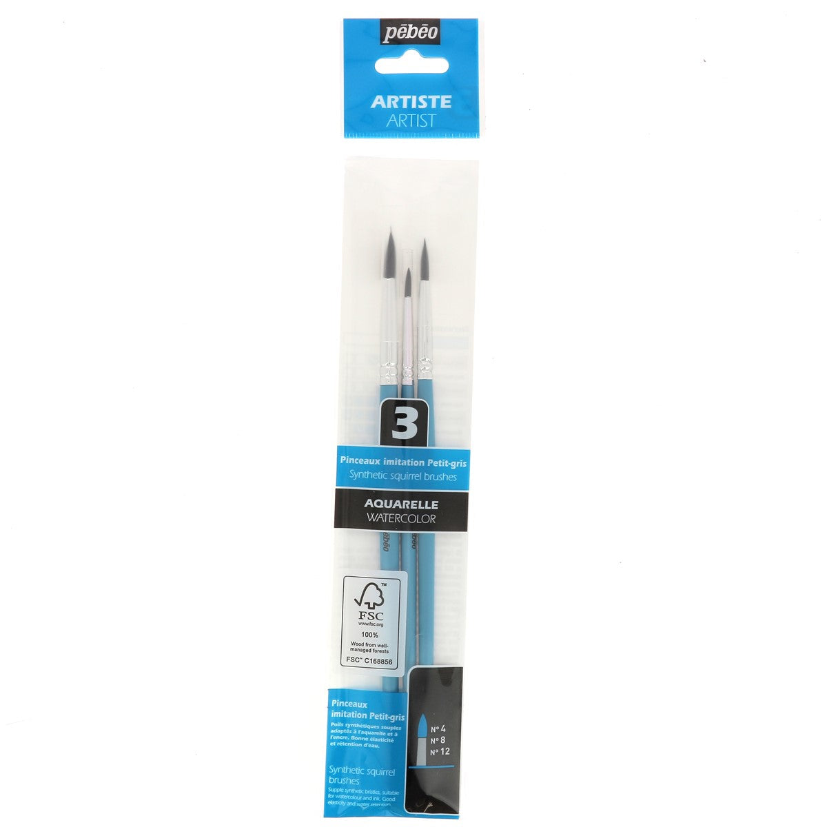 Set de 3 pinceaux aquarelle ronds Pébéo en imitation petit-gris, parfaits pour la peinture aquarelle.