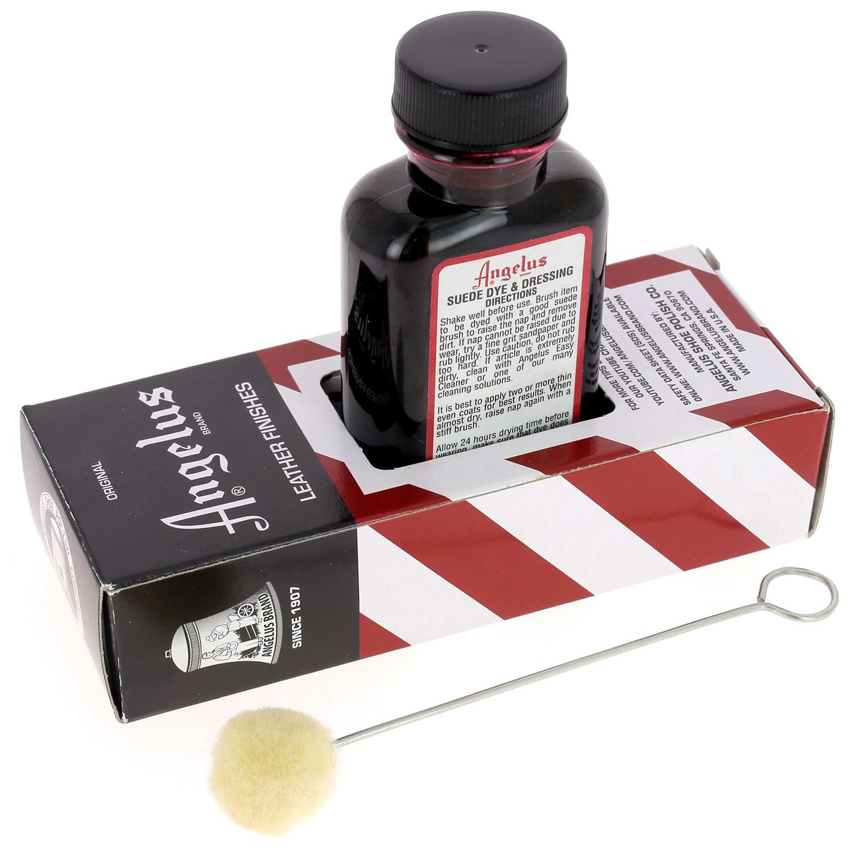 Teinture pour cuir velours Angelus Suede Dye 90ml, couleur Burgundy 060, applicateur visible sur cuir daim.