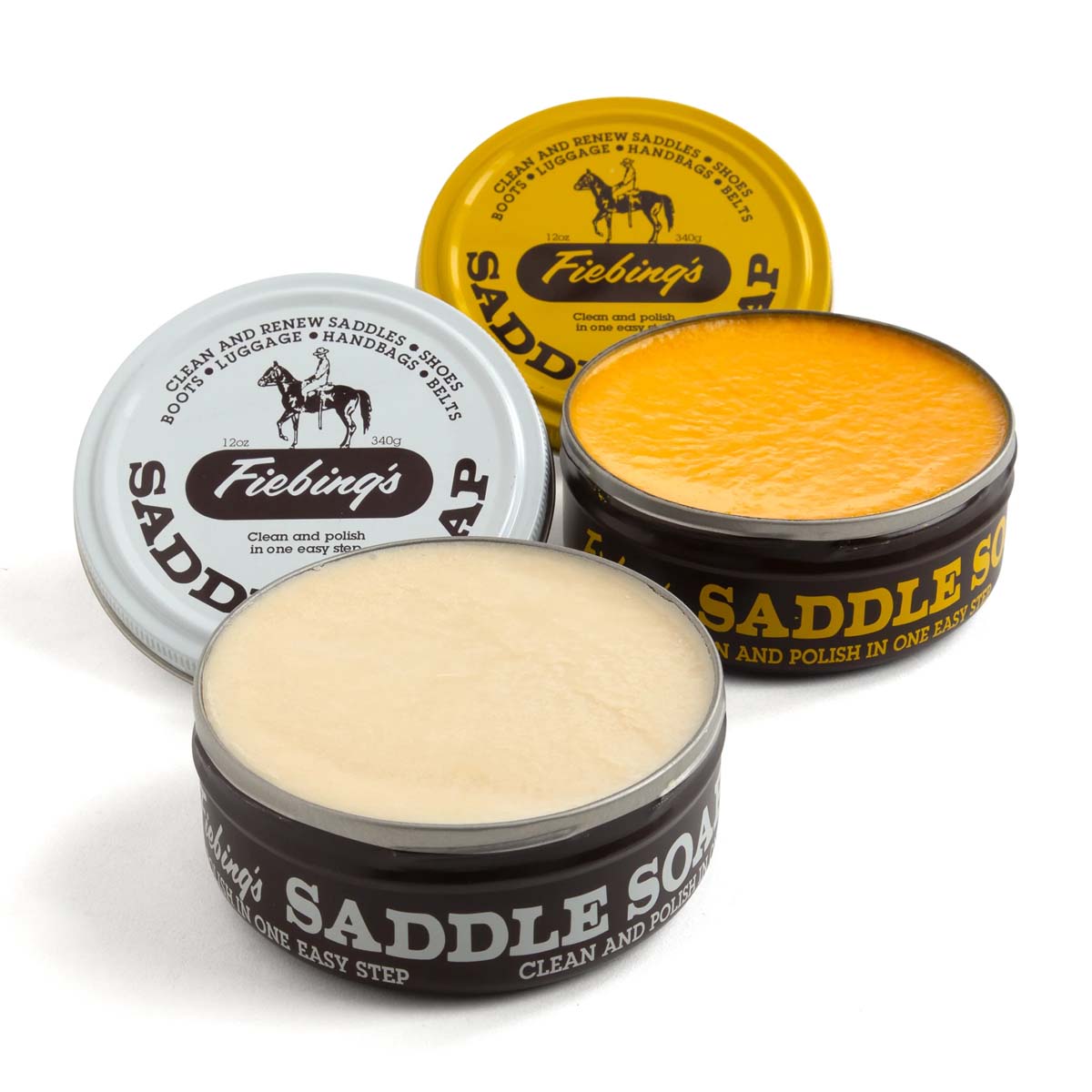 Savon glycériné Fiebing's pour l'entretien du cuir, bar de 340g avec étiquette, utilisé pour nettoyer et préserver le cuir.