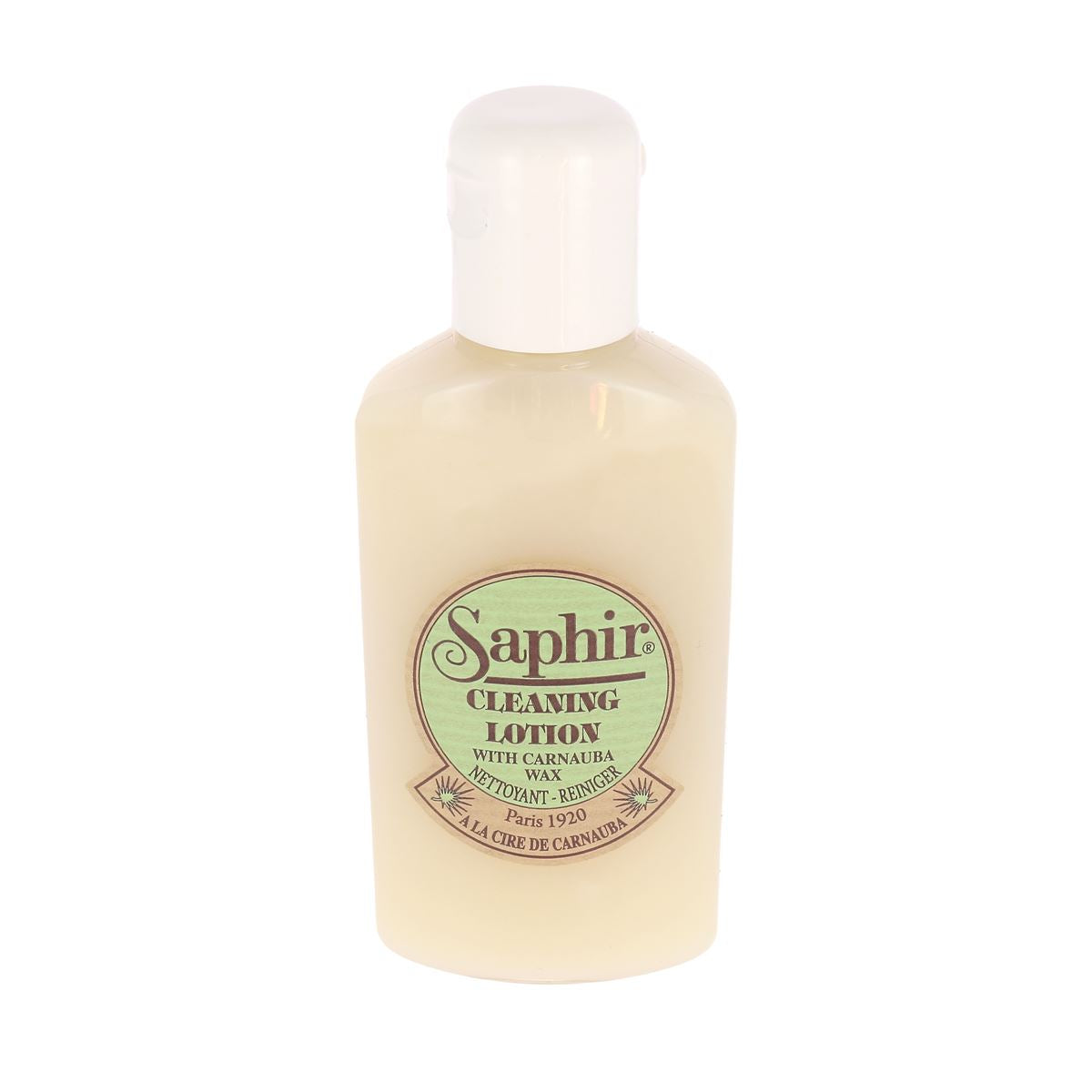 Lait nettoyant cirant Saphir pour cuir, 125 ml, bouteille élégante avec étiquette blanche et logo Saphir.