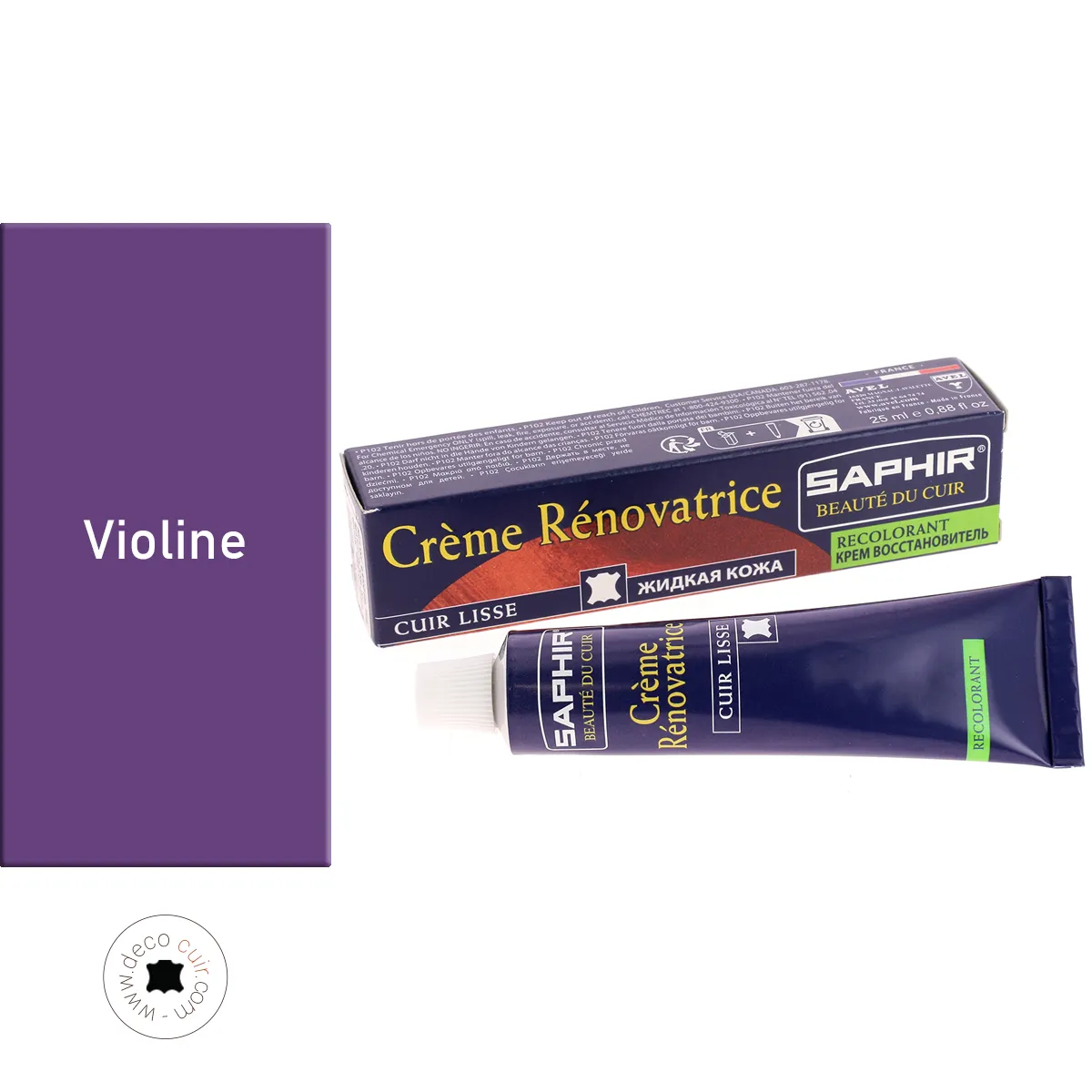 Crème rénovatrice recolorante Saphir VIOLINE 84 pour l'entretien du cuir, 25 ml, application de la crème sur un cuir.