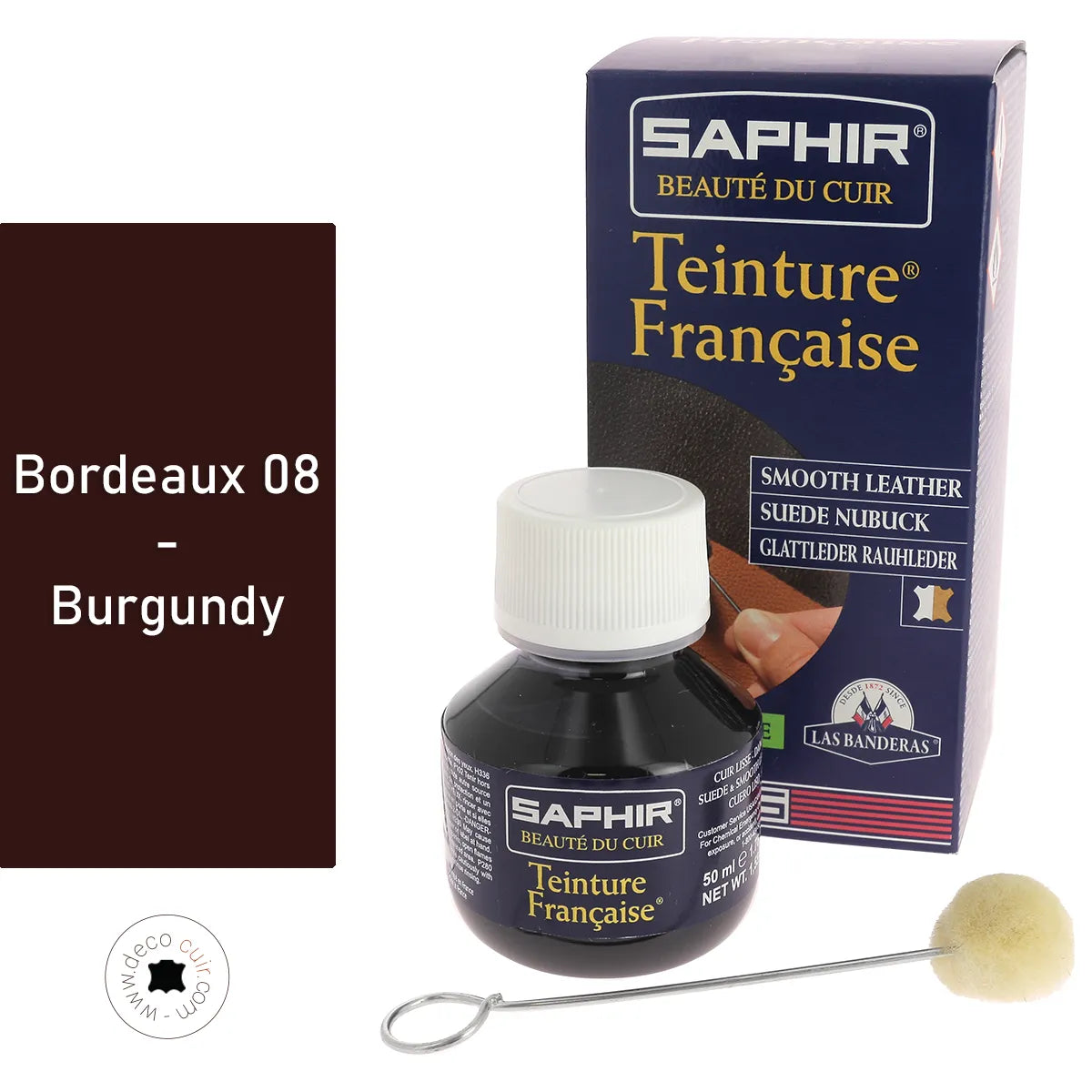 Teinture française Saphir Bordeaux 50ml, teintures et peintures pour cuir, couleur de base Bordeaux, flacon avec étiquette.