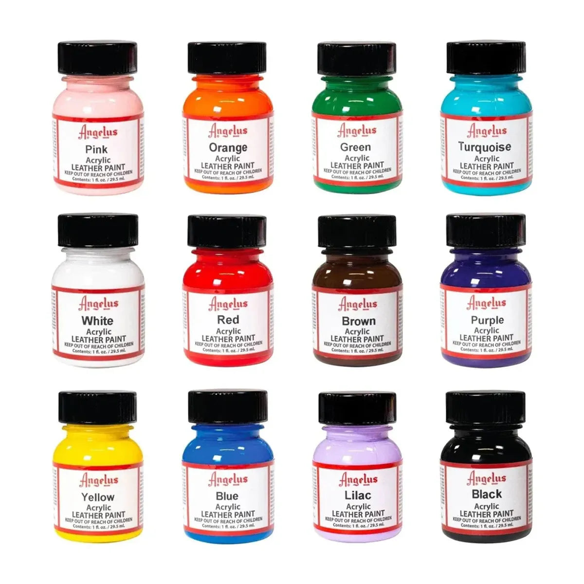 Lot de 12 peintures pour cuir Angelus : couleurs basiques et intemporelles : rose, orange, vert, bleu, jaune, blanc, rouge, noir, marron et violet