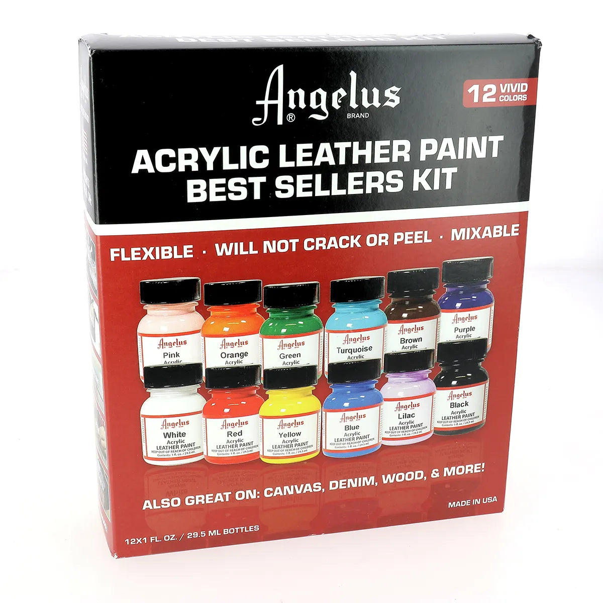 Kit de 12 peintures pour cuir Angelus : couleurs les plus populaires pour la personnalisation de baskets, sneakers, vestes, sacs, ceintures...