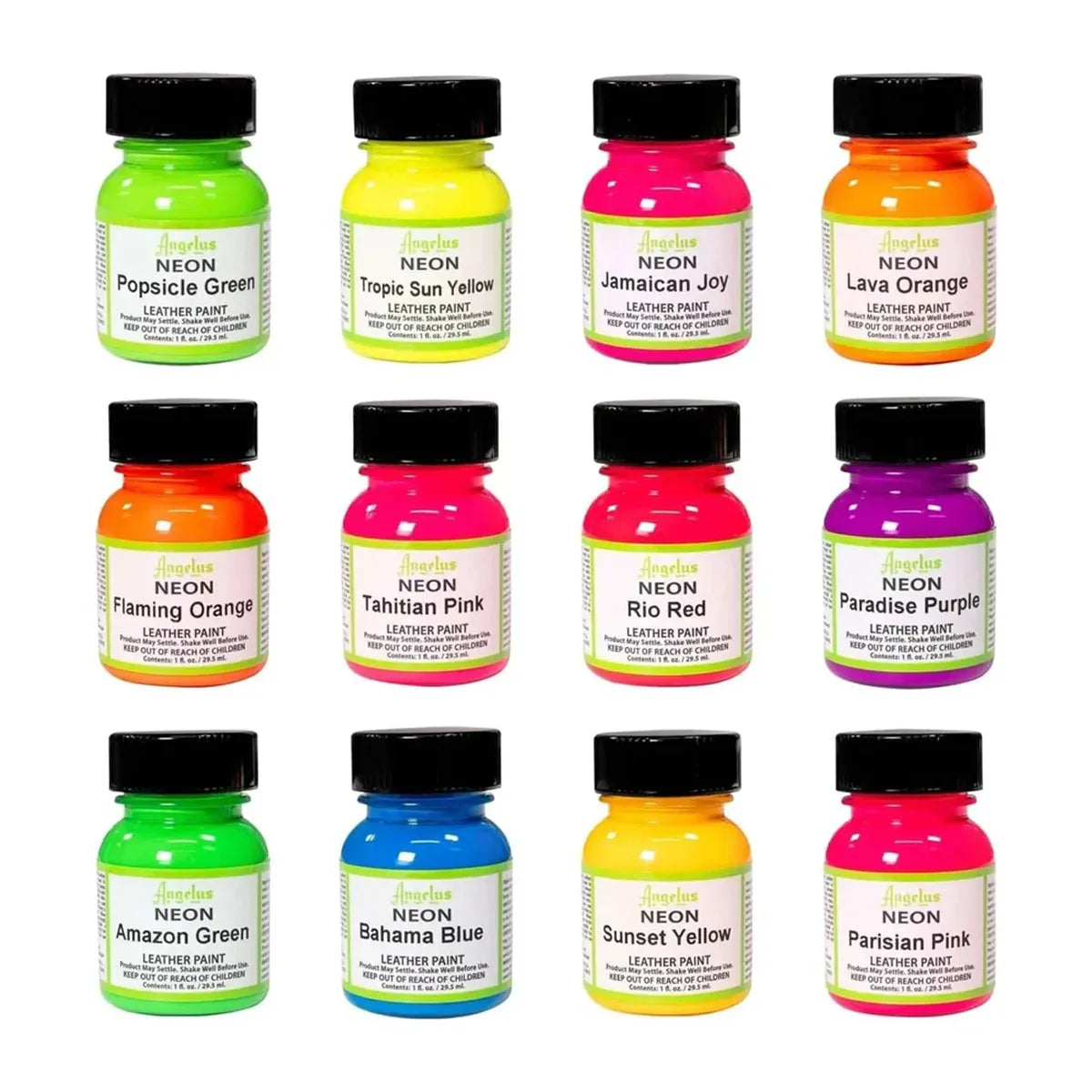 Lot de 12 peintures cuir acrylique Angelus NEON - pots de 29,5 ml
