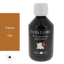Teinture à base aqueuse Deco Cuir FAUVE pour cuir, contenant un flacon de 250 ml, visible devant un fond neutre.