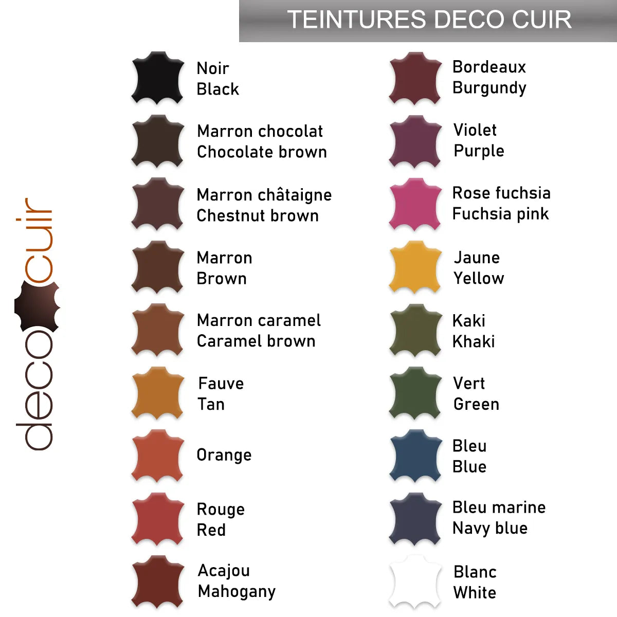 Nuancier de teintures Deco Cuir, teinture à base aqueuse marron chocolat pour cuir, avec différentes nuances de couleur.