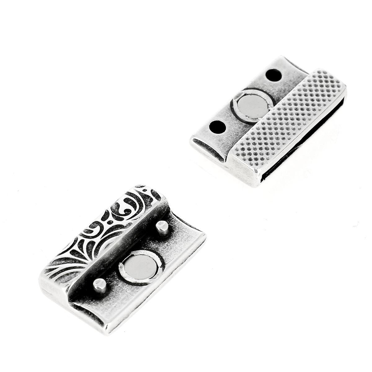 Fermoir bijou aimanté floral en argent vieilli, lacet plat 20mm, pour créations bijoux.