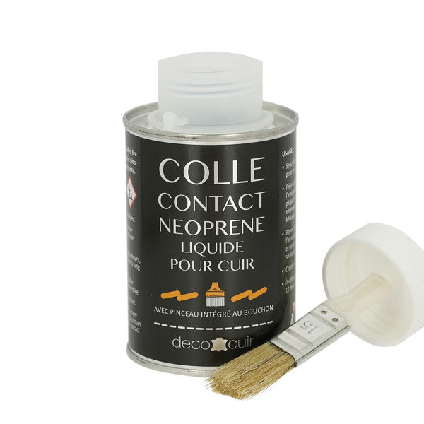 Pot de 250 ml de colle néoprène liquide avec pinceau intégré pour cuir, de la marque Deco Cuir.