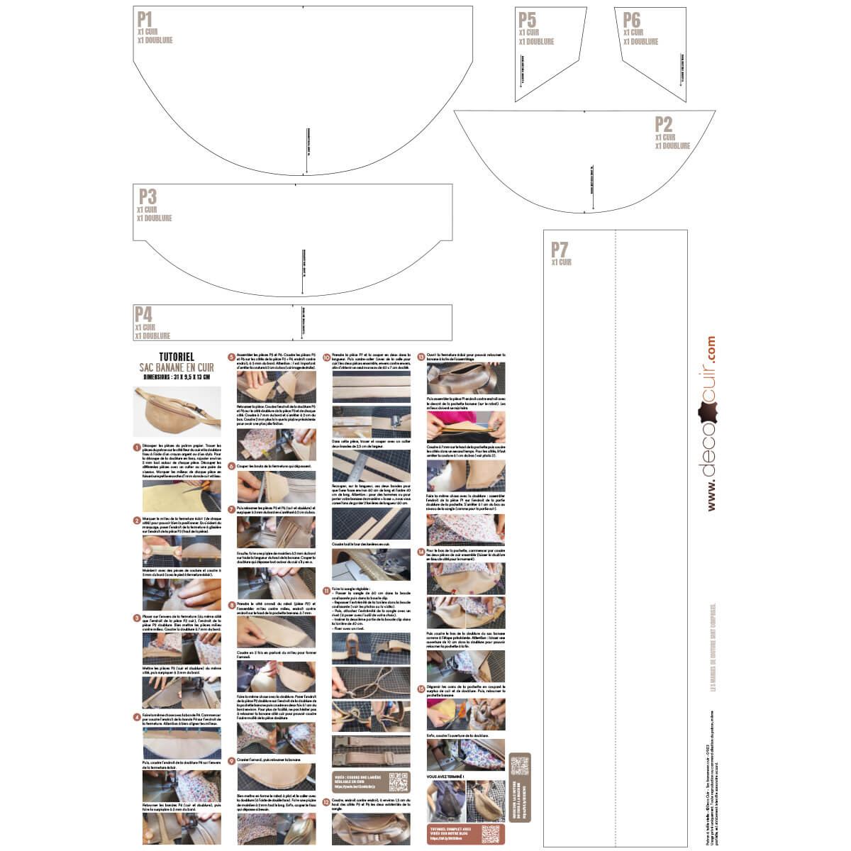Modèle de patron pour sac banane en cuir Deco Cuir, vue de face avec détails du design et des matériaux utilisés.