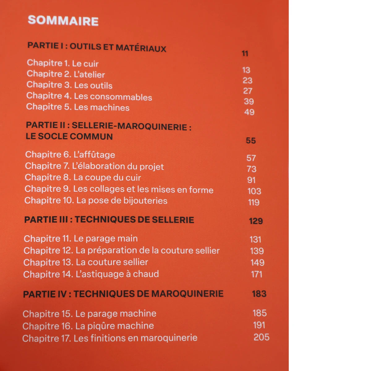 Page de sommaire du livre "Techniques de sellerie-maroquinerie" d'Emmanuelle Sarsar et Anaïs Guégan, éditions Eyrolles.