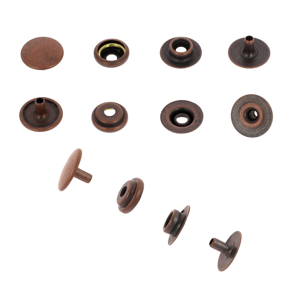 Lot de boutons pression en acier vieux cuivre, 12,5 mm, accessoires robustes pour vêtements ou projets de couture.