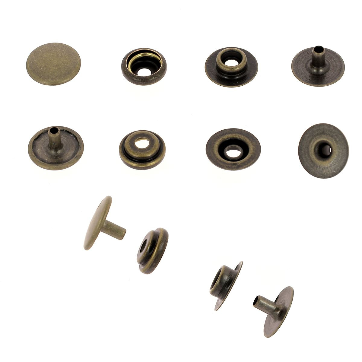 Lot de boutons pression en acier et laiton vieilli de 12,5 mm, accessoires robustes pour couture et bricolage.