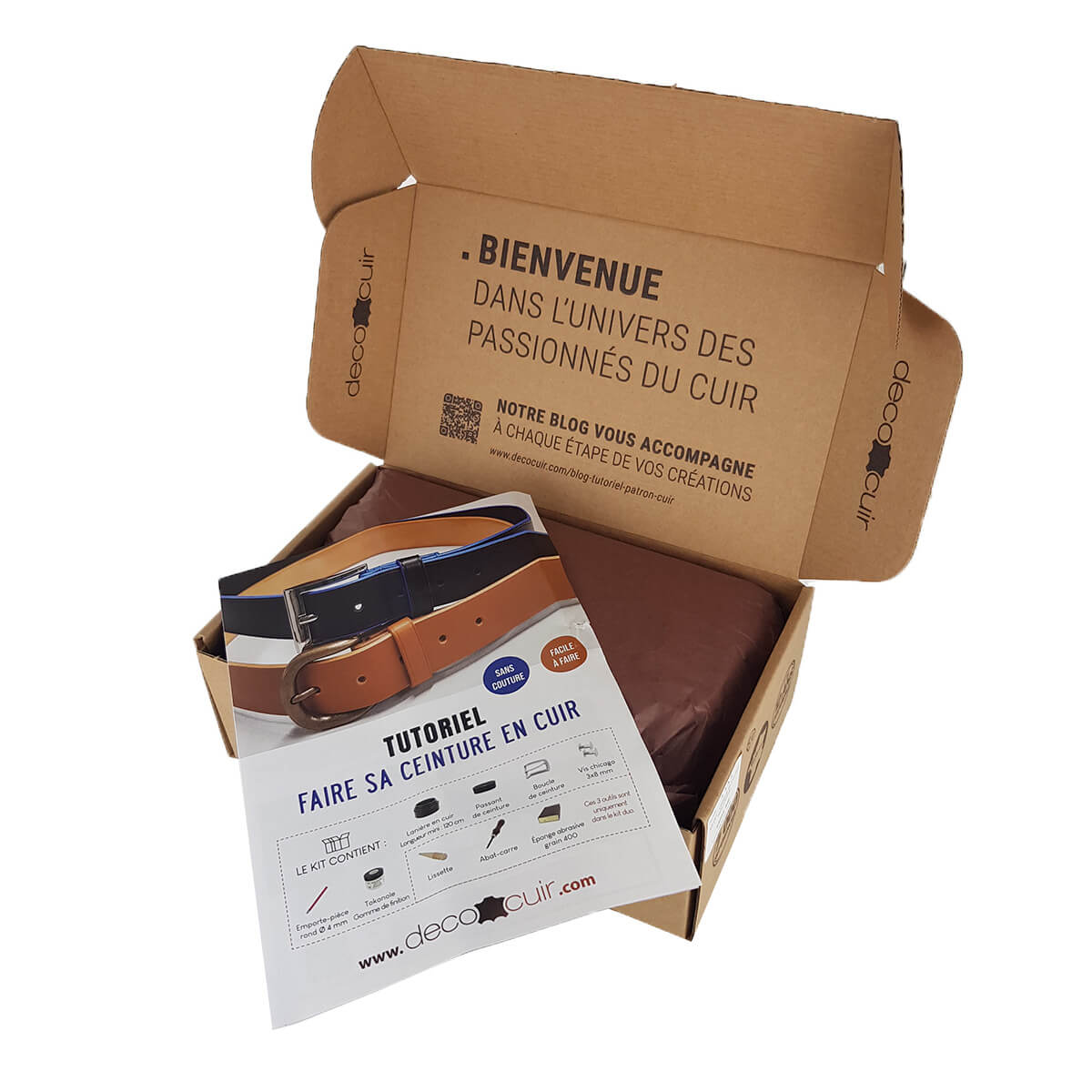 Kit DIY pour ceinture en cuir sans couture avec deux lanières en cuir de la marque Deco Cuir, prêt à assembler.