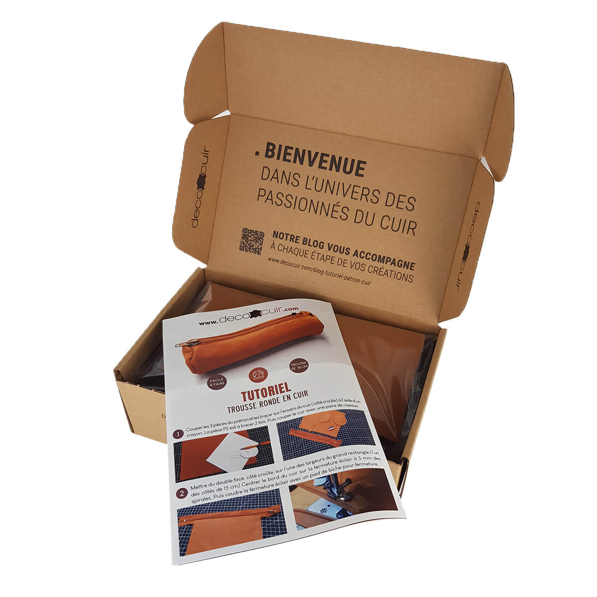 Kit DIY pour créer une trousse ronde en cuir, comprenant matériaux et outils de la marque Deco Cuir.