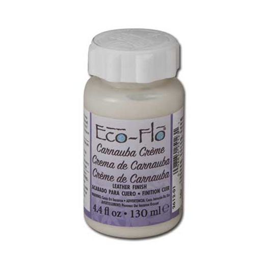Crème à la cire de Carnauba Eco Flo pour l’entretien du cuir, en pot de 130 ml, avec applicateur en cuir naturel.