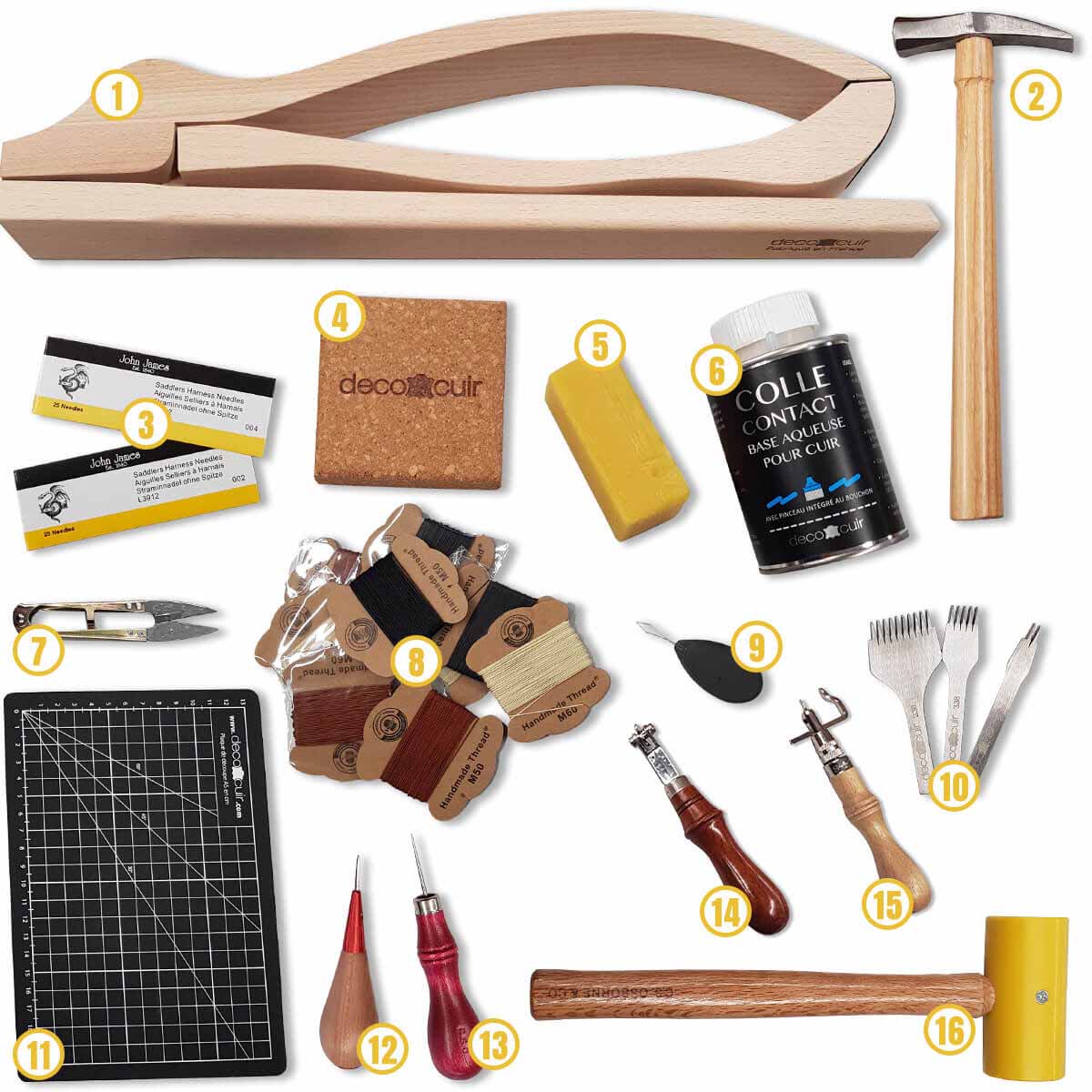 Kit d'outils pour la couture du cuir à la main Deco Cuir, comprenant aiguilles et outils professionnels pour cuir.