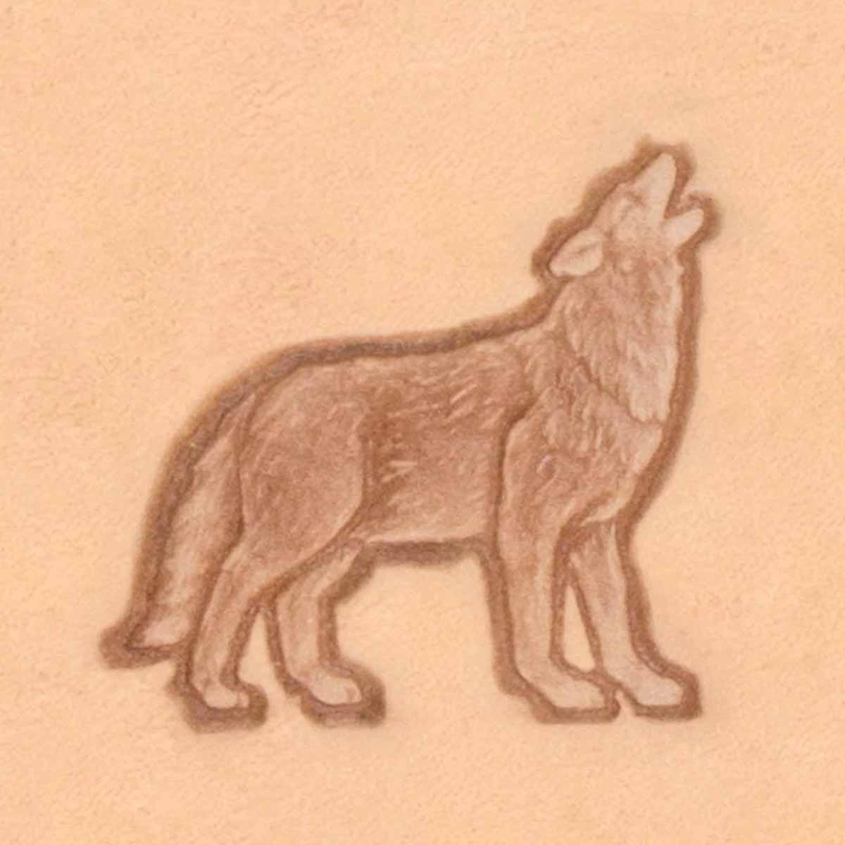 Outil Matoir 3D Tandy Leather représentant un loup debout qui hurle, utilisé pour la sculpture en cuir.