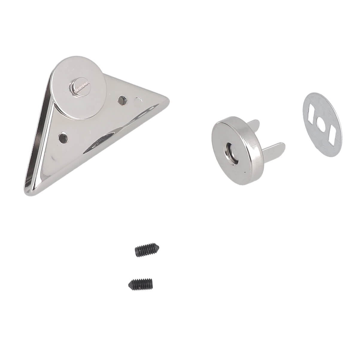 Fermoir sac triangle magnétique nickelé de 55x25 mm, accessoire pour sac en métal, finition argentée brillante.