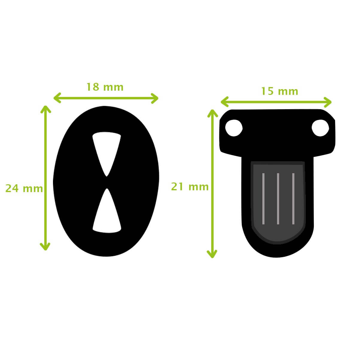 Fermeture de cartable TUCK de 15x21 mm, accessoire pour sac ou bagage, en métal, illustrée en schéma.