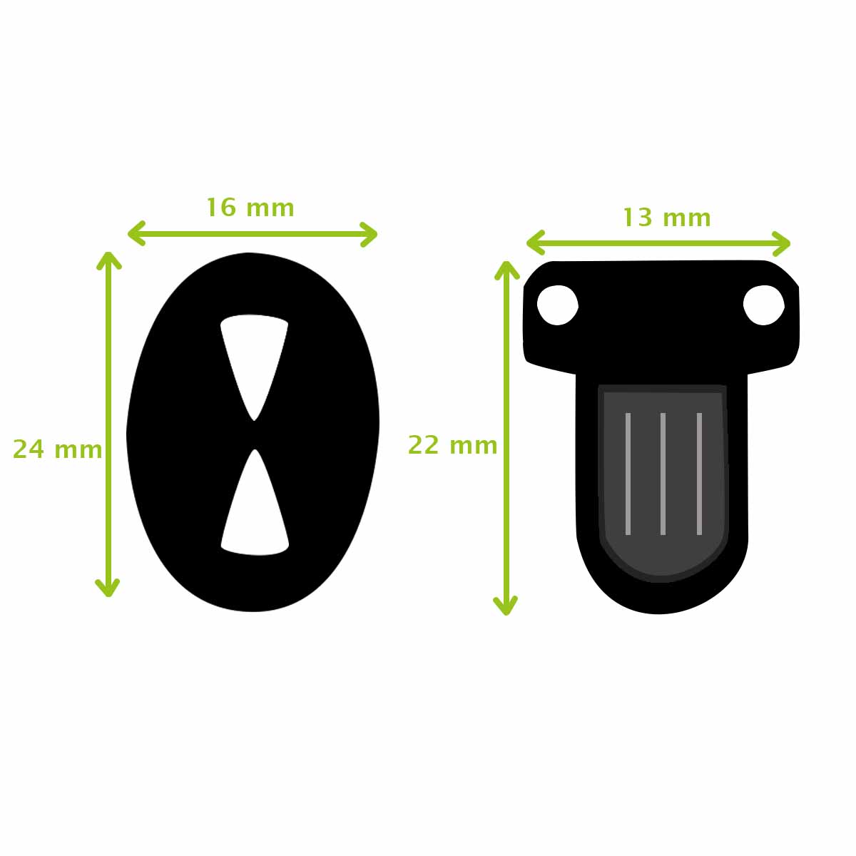 Fermeture de cartable TUCK de 13x22mm, accessoire pour sac ou sac à dos, avec schéma illustré.
