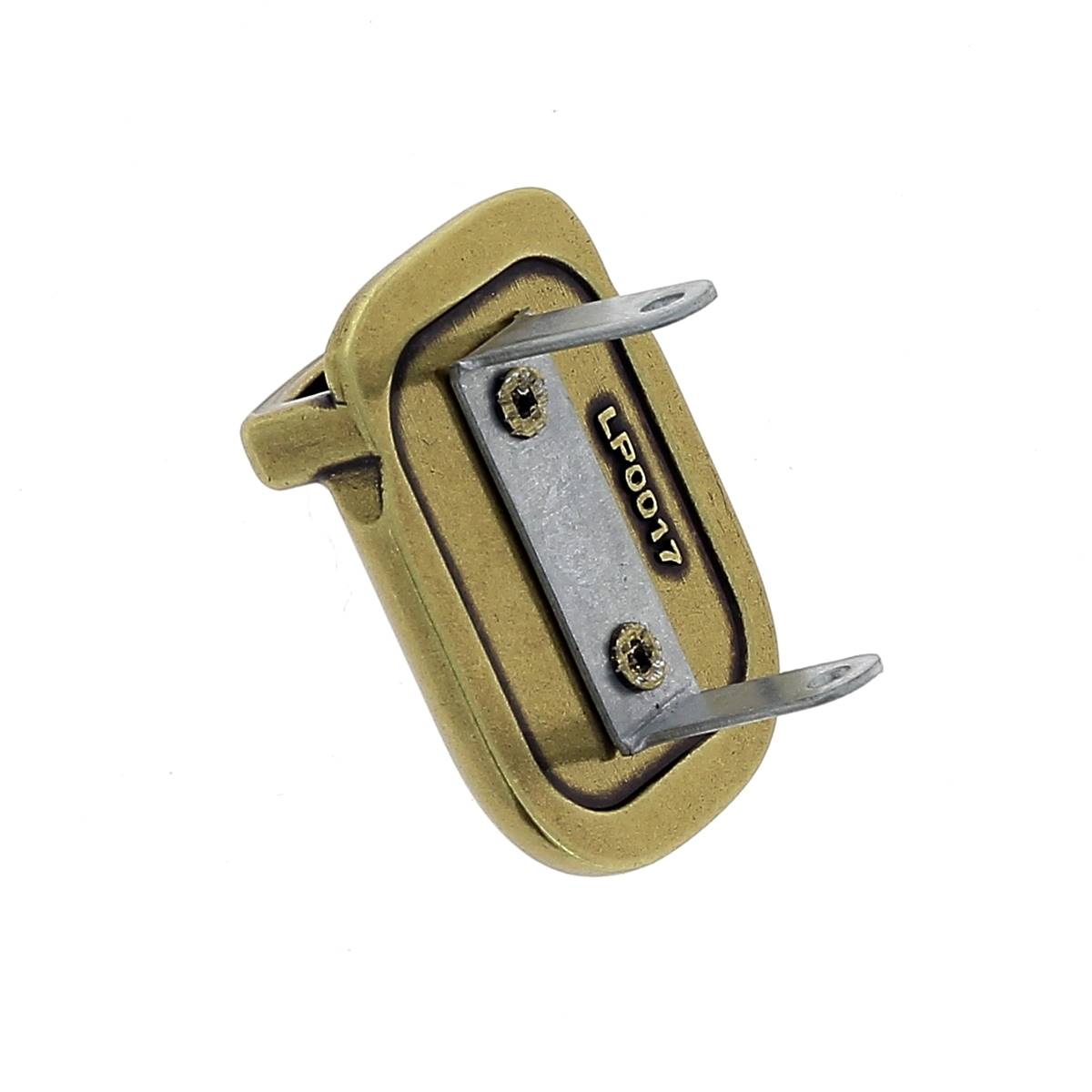 Fermeture de cartable TUCK de 20x36mm, accessoire pour sac à dos en métal, vue de face sur un fond blanc.