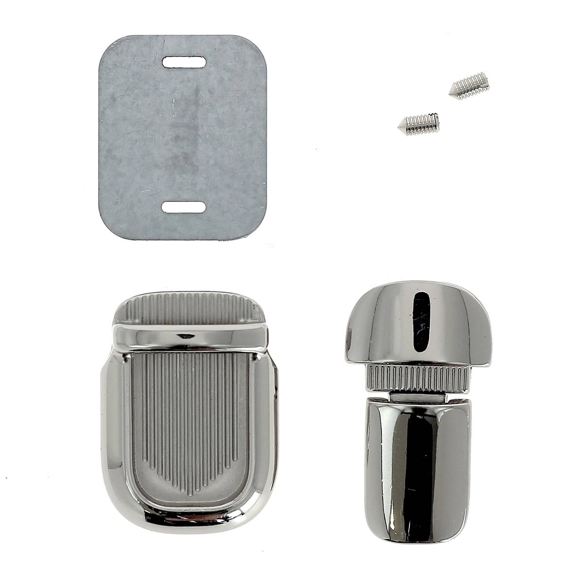 Fermeture de cartable TUCK de 20x36mm, accessoire en métal pour sac scolaire, couleur nickel, vue de face.