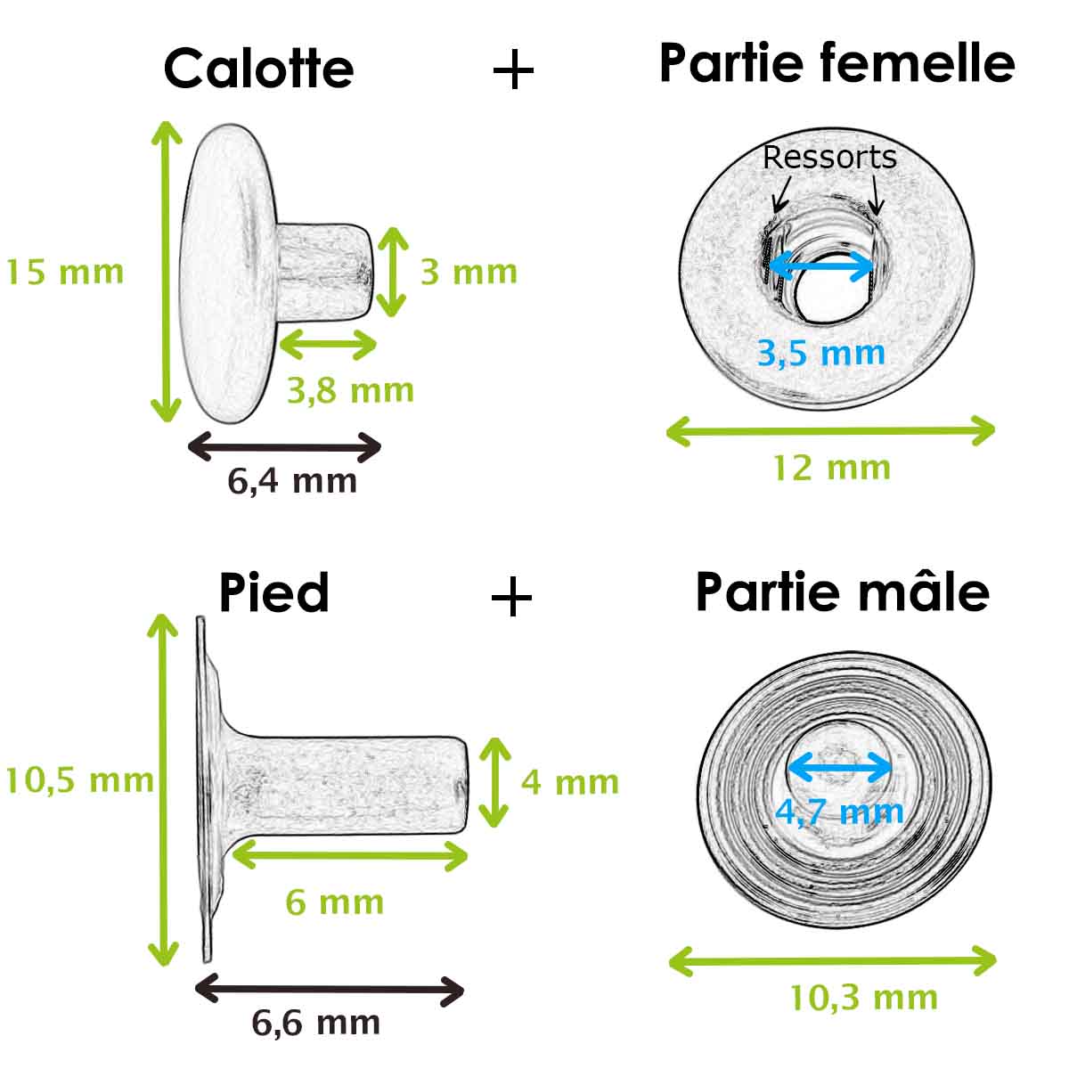 Kit de 10 boutons pression de 15mm avec outils de pose, accessoires pour couture et bricolage, en images.
