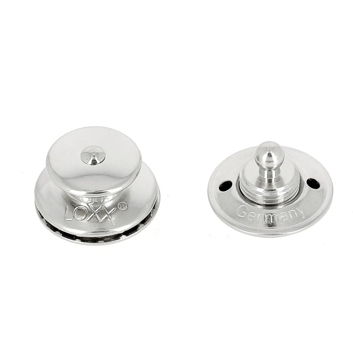 Fermeture autobloquante LOXX avec tête large et lisse en nickel, accessoire de fixation robuste et durable.