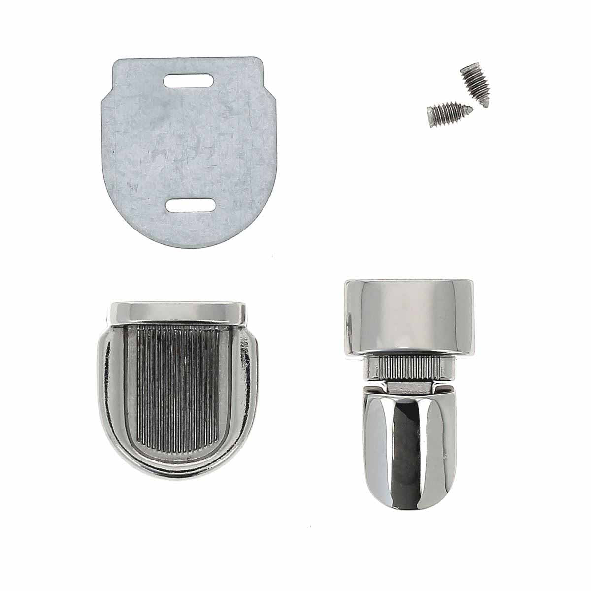 Fermeture pour pochette TUCK de 15x27mm en nickel, accessoire pour sac ou pochette, image montrant la fermeture en détail