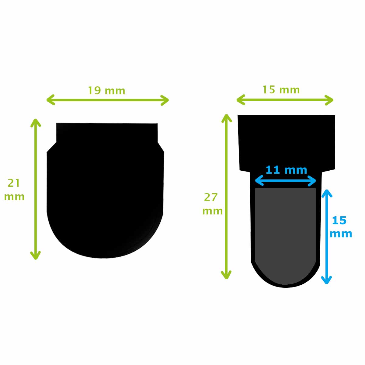 Fermeture pour pochette TUCK de 15x27mm, accessoire de maroquinerie, montrée en schéma avec détails techniques.