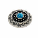 Concho à visser rond Tiare en nickelé, 30mm, accessoire de bijouterie avec pierre bleue visible.