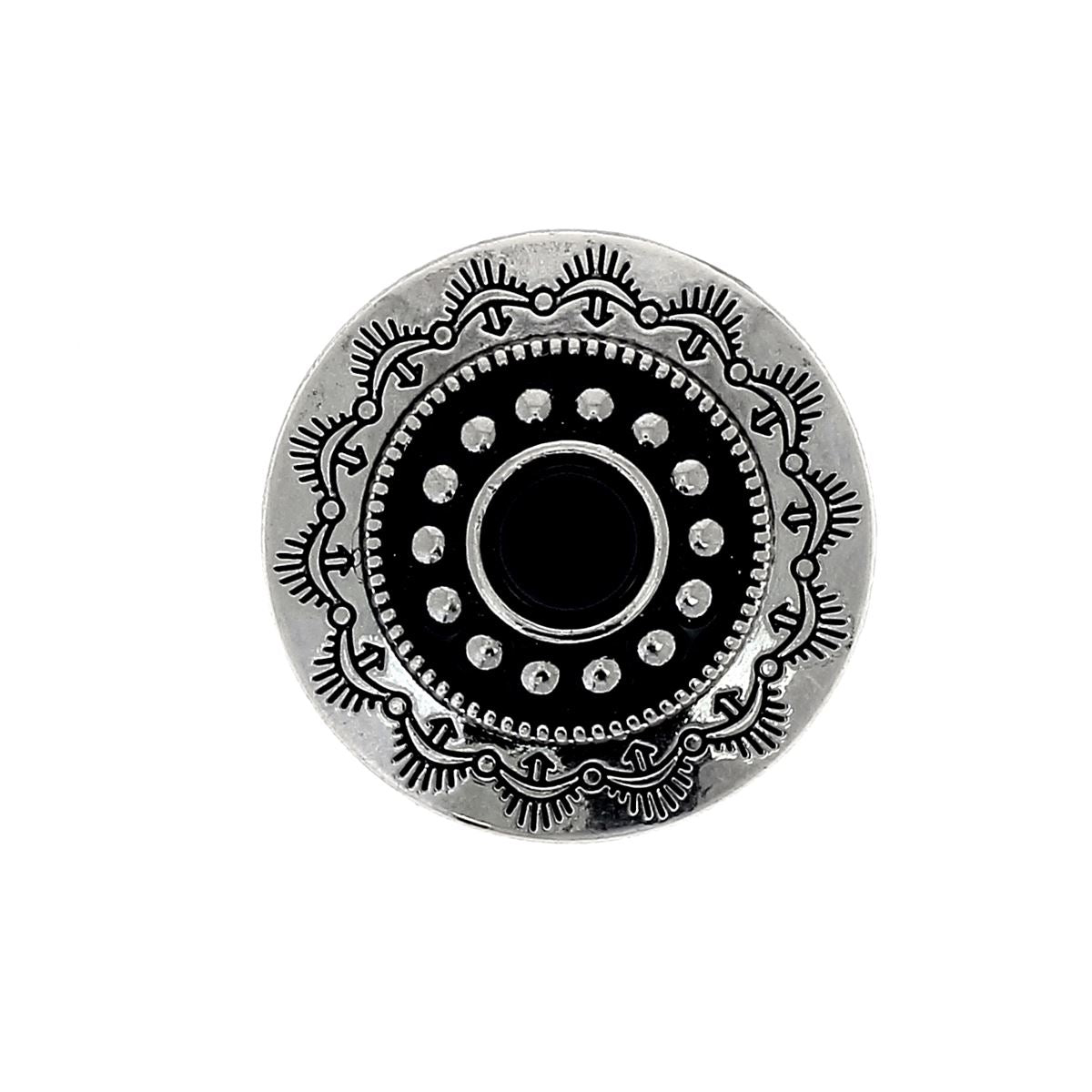 Concho à visser rond Tiare de 30mm en nickelé, accessoire pour bijoux ou vêtements, avec pierre noire visible.