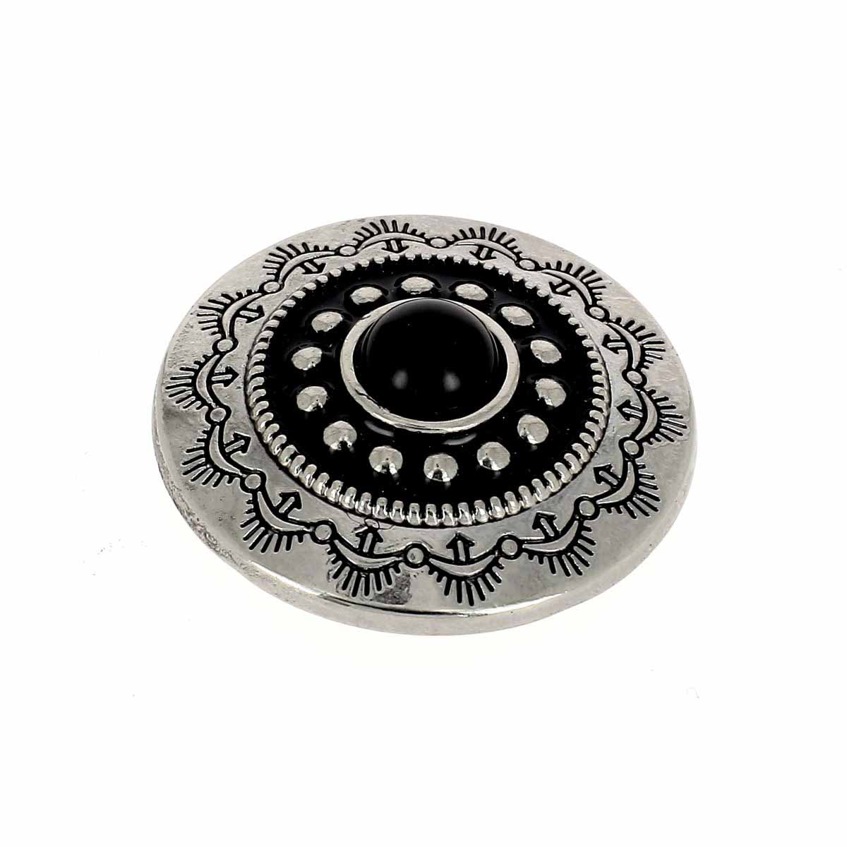 Concho à visser rond Tiare de 30mm en nickel, accessoire pour bijoux ou vêtements, avec pierre noire.