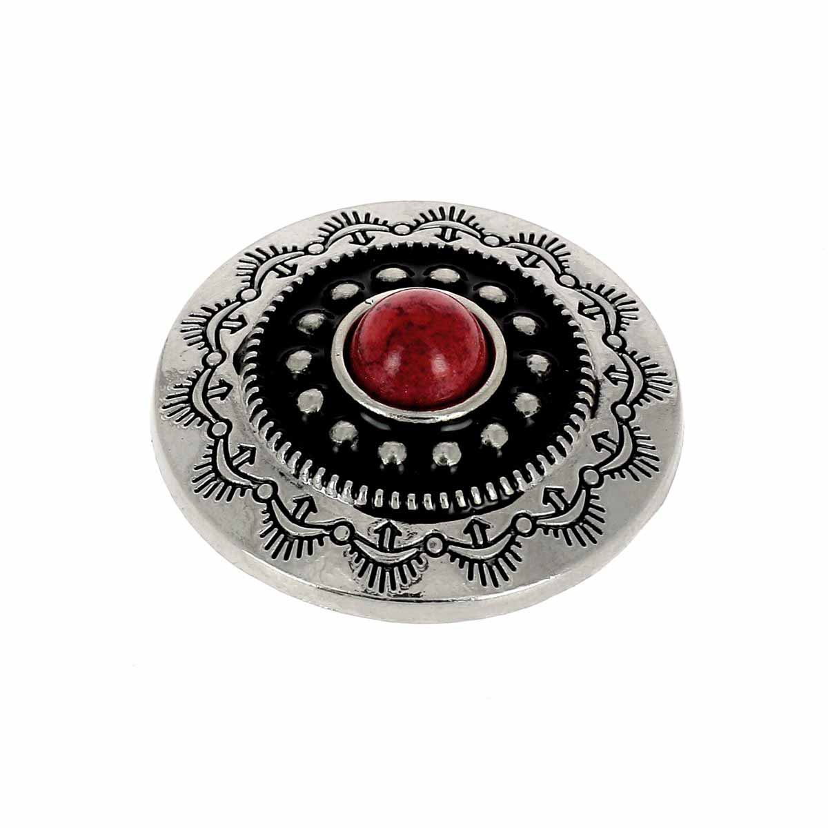 Concho à visser rond Tiare de 30mm, finition nickelée, accessoire pour bijoux ou vêtements, avec pierre rouge.