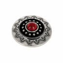 Concho à visser rond Tiare de 30mm, finition nickelée, accessoire pour bijoux ou vêtements, avec pierre rouge.