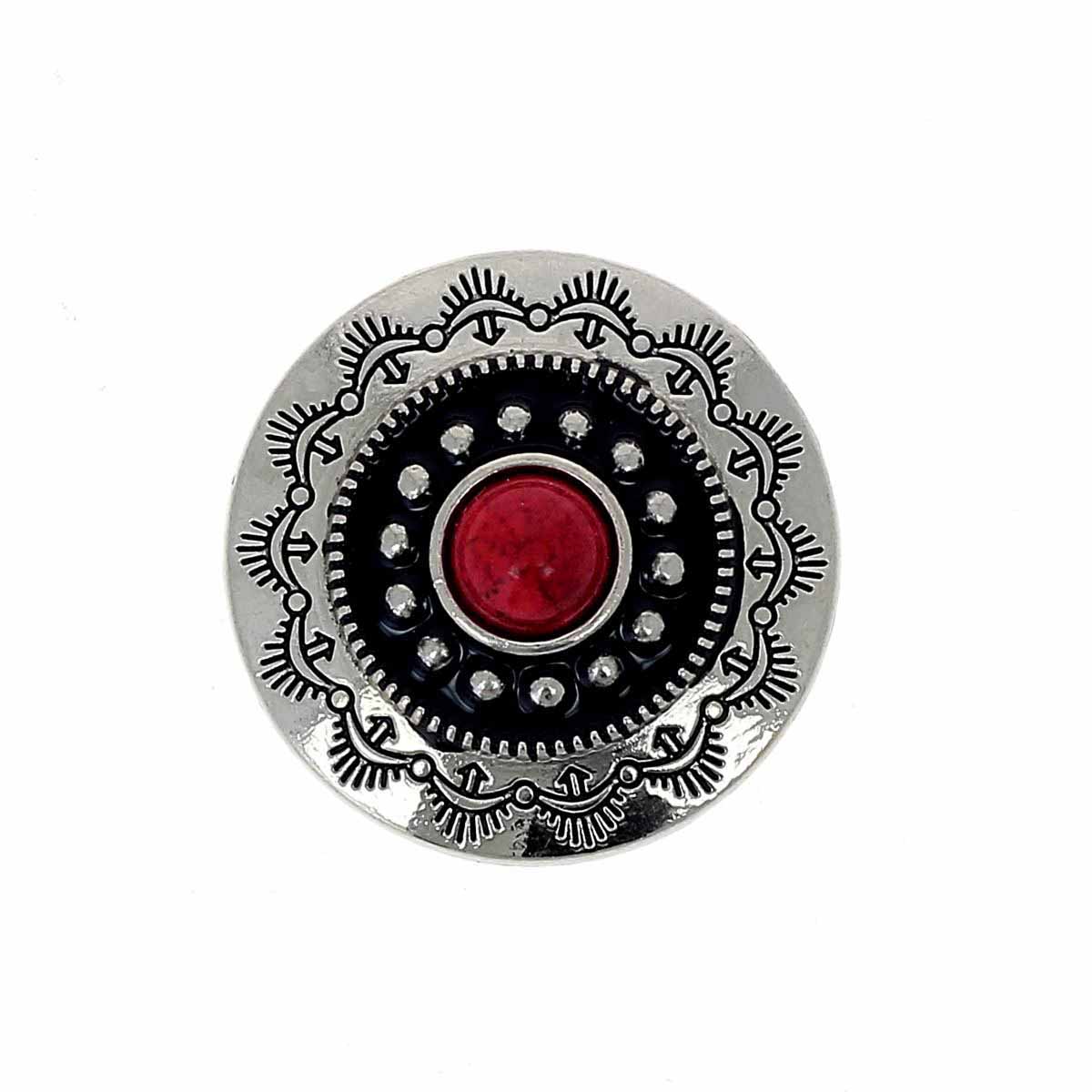 Concho à visser rond Tiare de 30mm en nickelé, accessoire pour bijoux ou maroquinerie, avec pierre rouge visible.