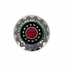 Concho à visser rond Tiare de 30mm en nickelé, accessoire pour bijoux ou maroquinerie, avec pierre rouge visible.