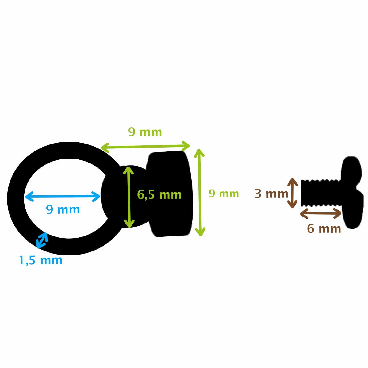 Bouton de col avec anneau de 9mm, accessoire mode en métal, illustré dans un schéma montrant sa fixation et ses détails.