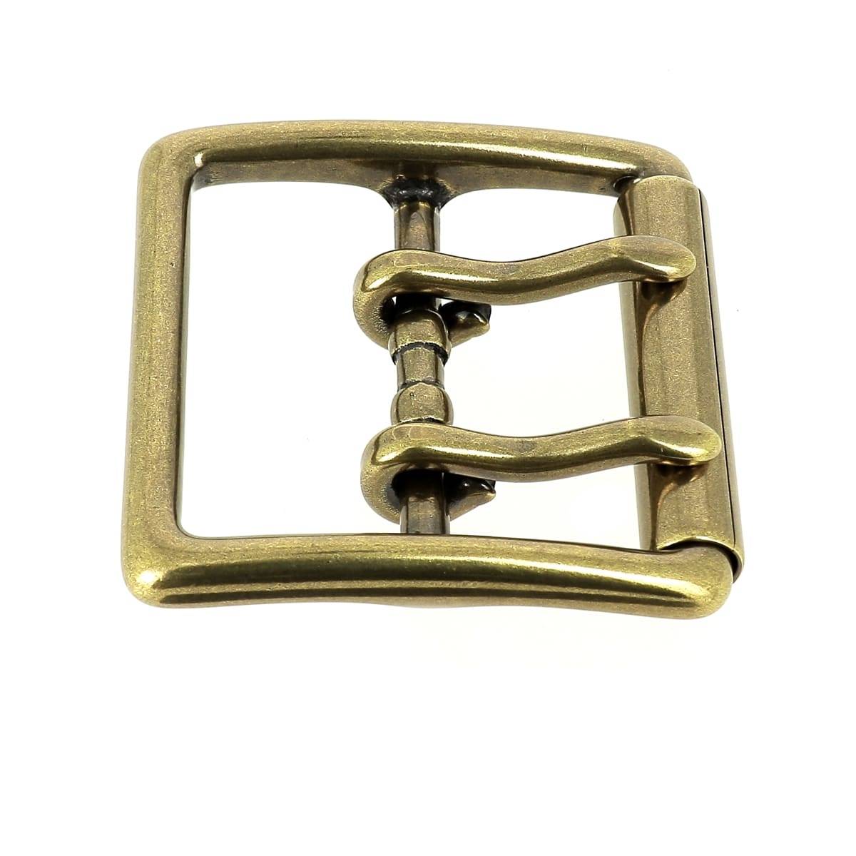 Boucle de ceinture double ardillon en laiton massif vieilli de 40mm, style bouclerie pour ceinture en cuir.