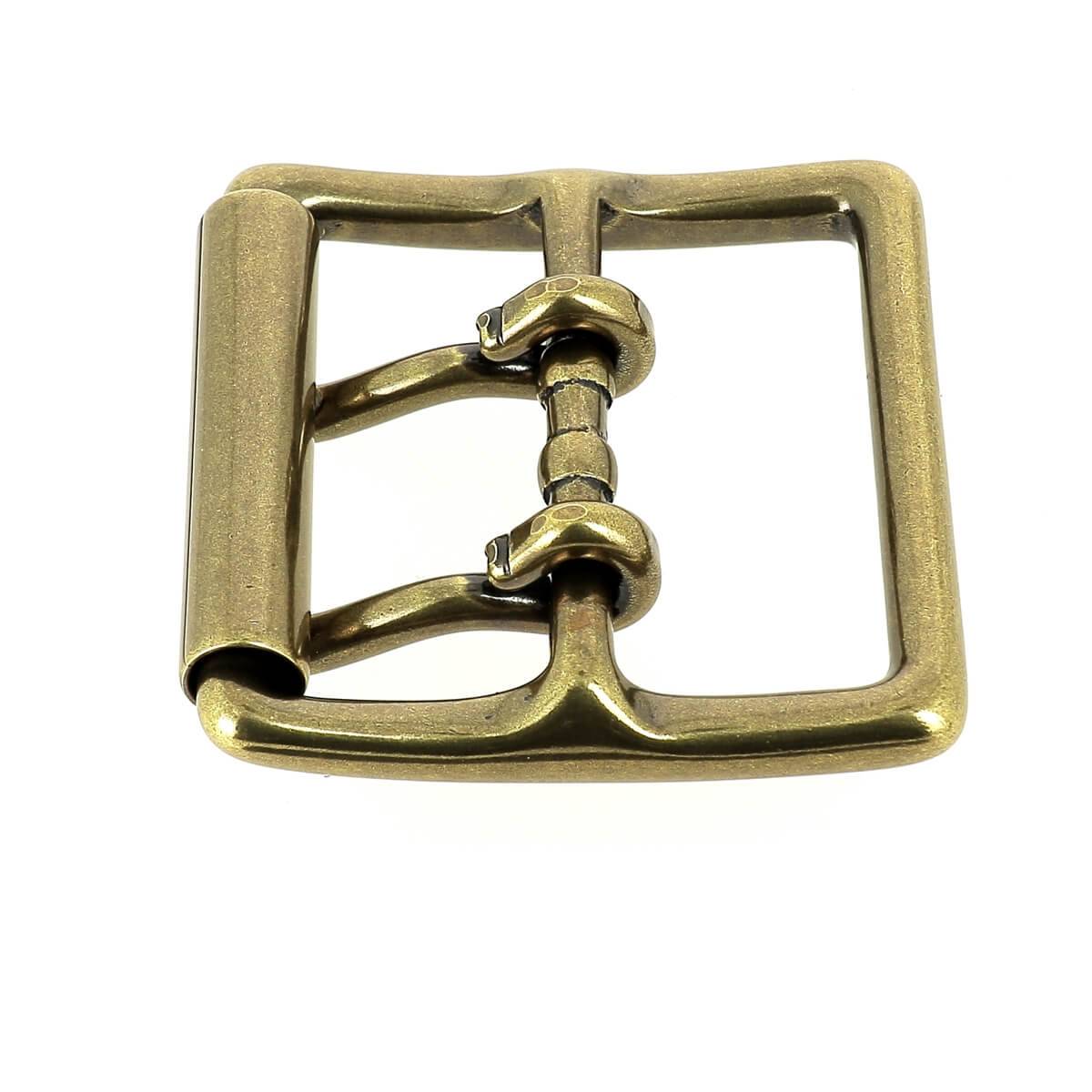 Boucle de ceinture en laiton massif à double ardillon, finition laiton vieilli, largeur 40 mm, pour ceinture élégante.