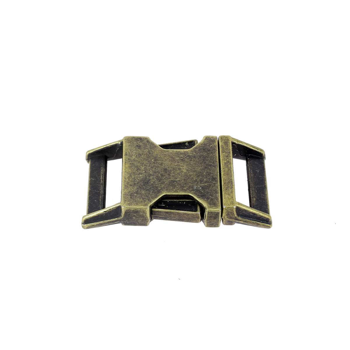 Fermeture clip en laiton vieilli pour bouclerie, illustration de la fixation en métal avec finition antique.