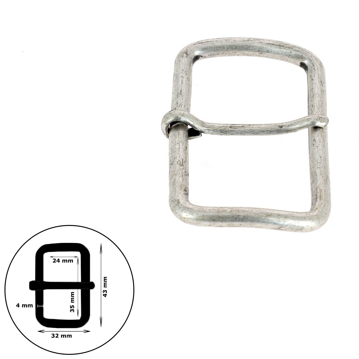 Boucle de ceinture en fil rond ABY, bouclerie en métal finition argentée, détails de la boucle visible.