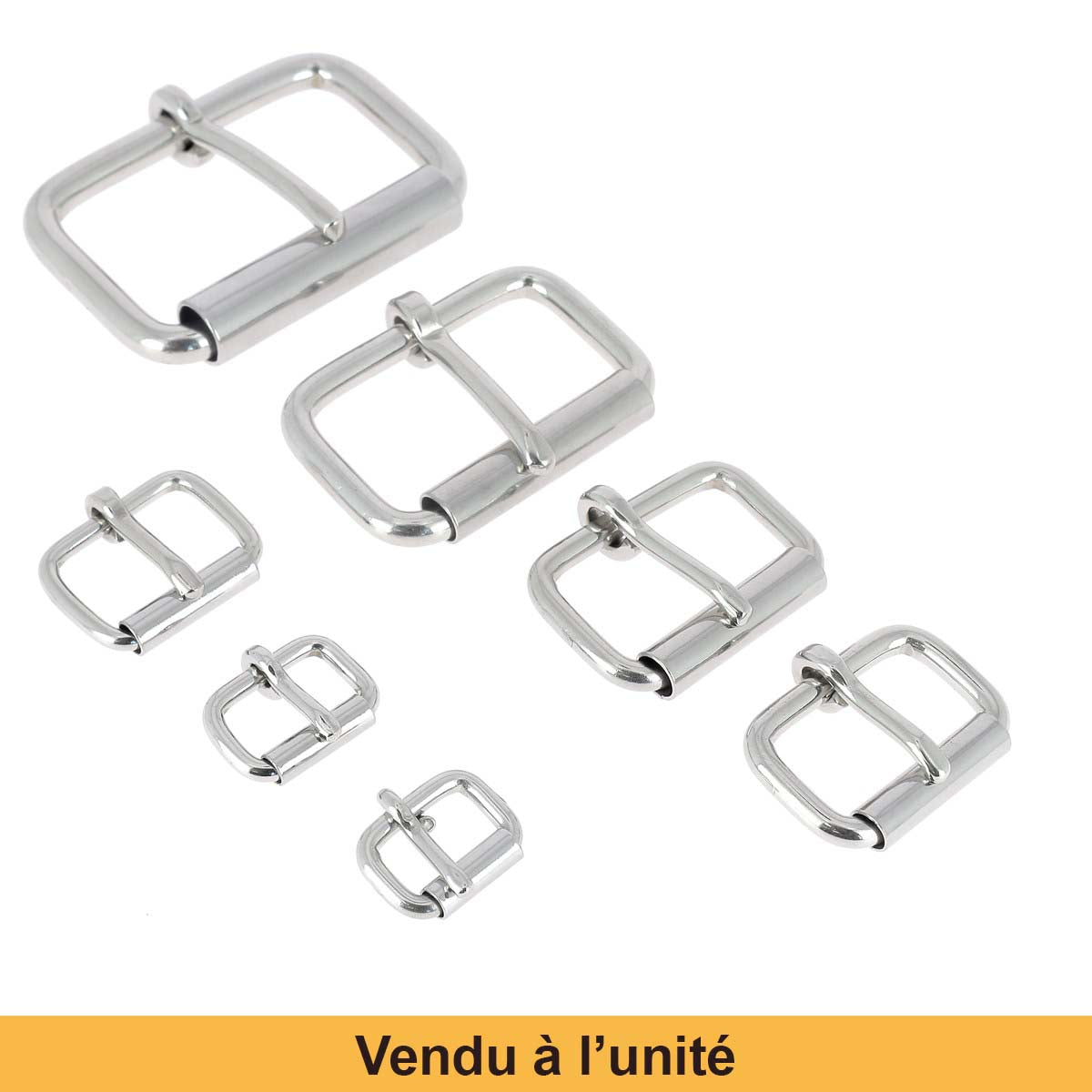 Boucle de ceinture en fil rond à rouleau en inox, style bouclerie pour ceinture, photo montrant la finition métallique brillante.