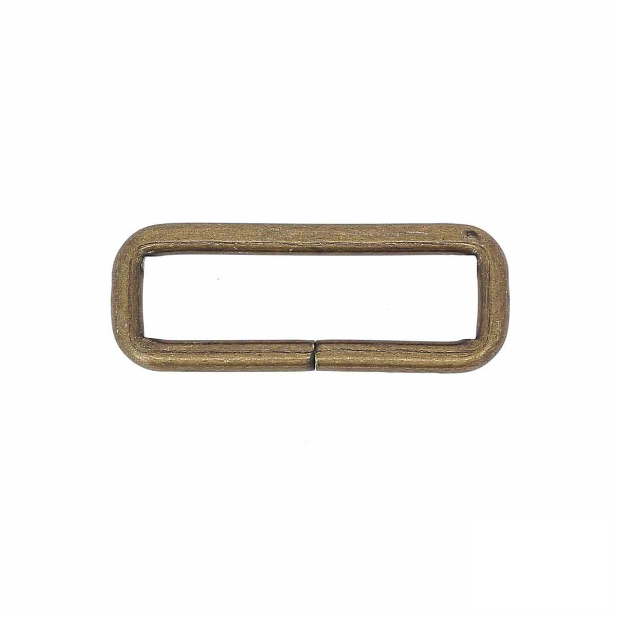 Passant rectangulaire en laiton vieilli avec angles arrondis, dimensions 40x10mm, pour bouclerie ou fabrication de bijoux.