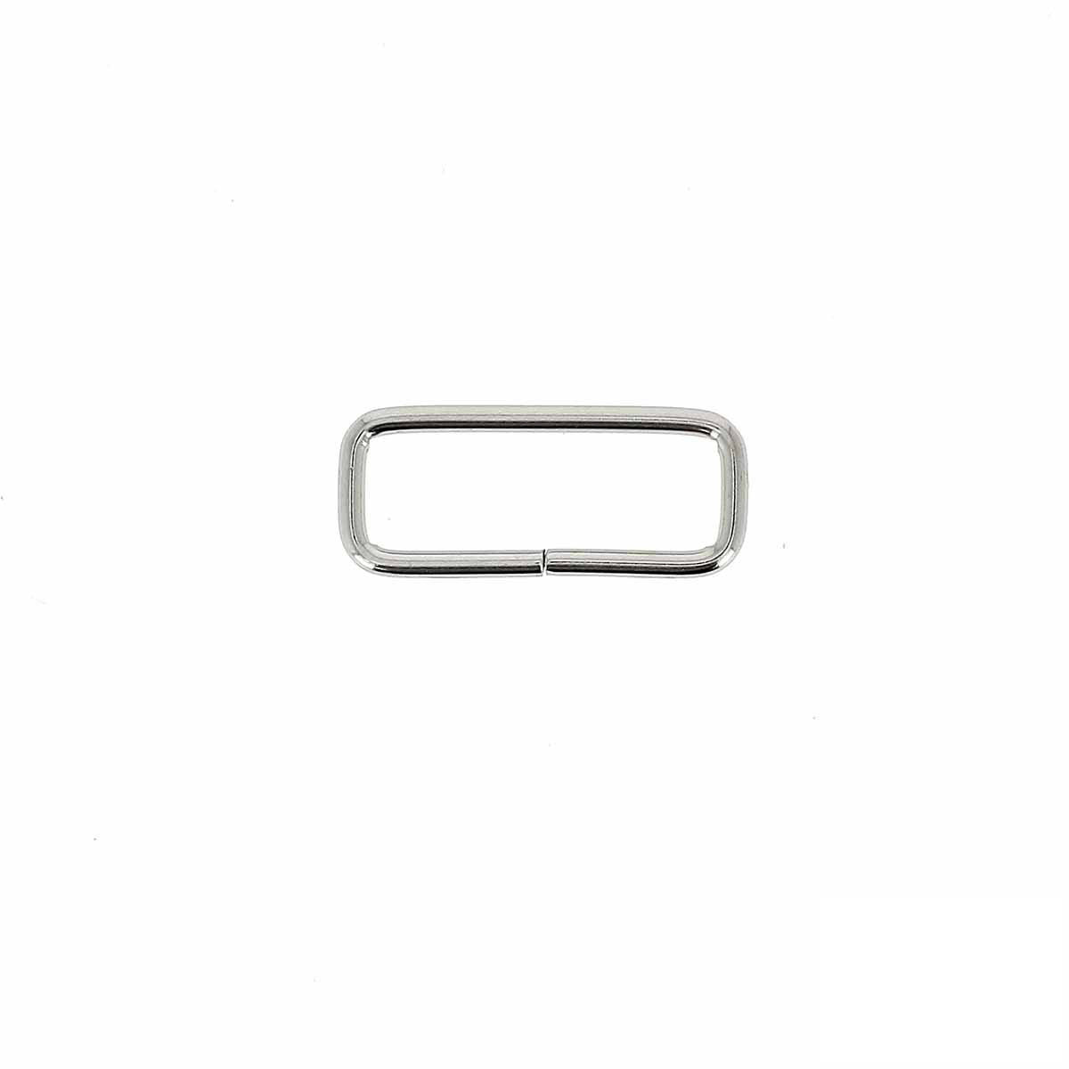 Passant rectangulaire en nickelé, bouclerie avec fil fin, dimensions 25x8 mm, pour travaux de bijouterie ou maroquinerie.