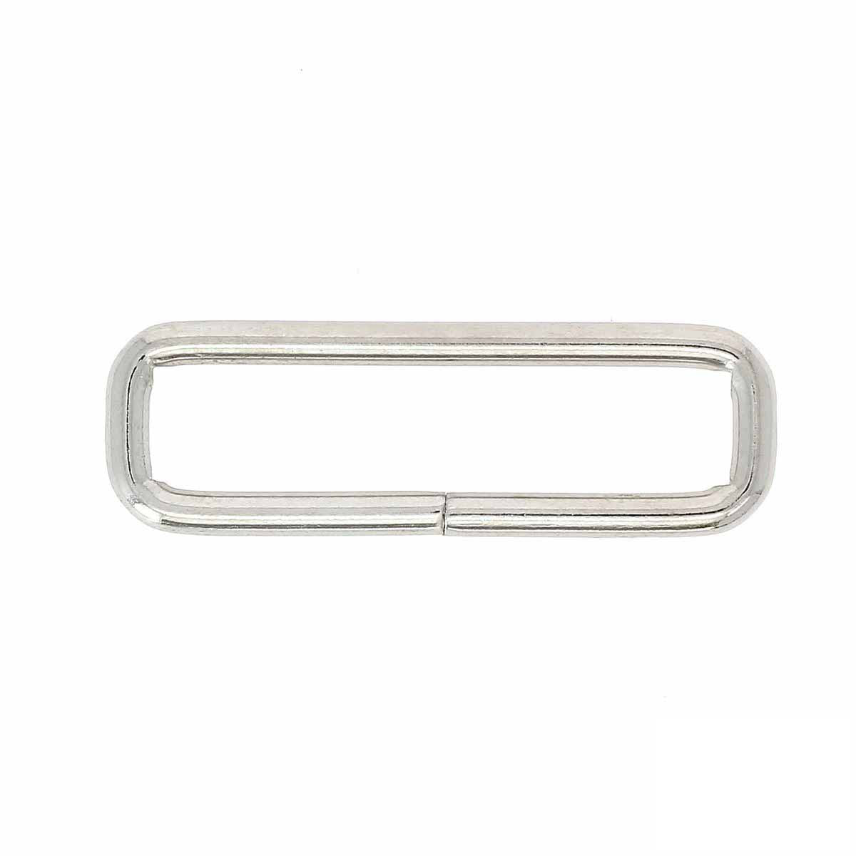 Passant rectangulaire avec angles arrondis en nickelé, pour boucle de 4 mm de fil, dimensions 50x10 mm.