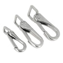 Mousqueton à bélière fixe en inox, bouclerie robuste pour fixation sécurisée, illustration claire du produit.
