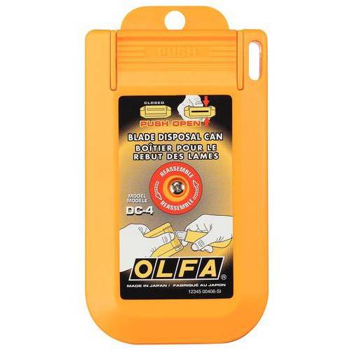 Boîte pour lames usagées Olfa DC-4, outil de rangement pour lames de cutter, en plastique avec couvercle sécurisé.